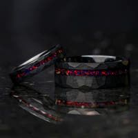 Offset Black Opal Couples Ring Set in Black Tungsten | 8mm and 4mm Hammered Wedding Bands