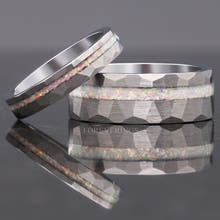 Offset White Opal Couples Ring Set in Silver Tungsten | 8mm and 4mm Hammered Wedding Bands