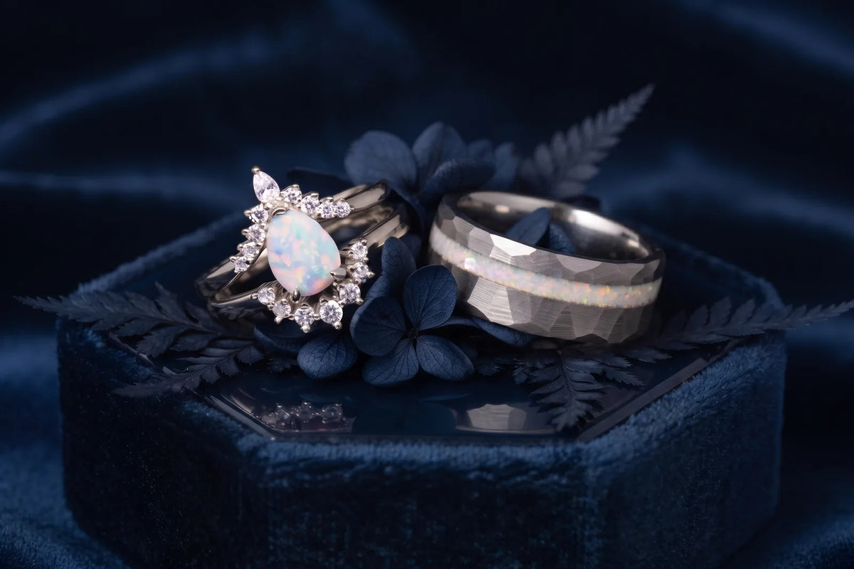 His and hers opal wedding ring set: her opal engagement ring and his opal inlay band