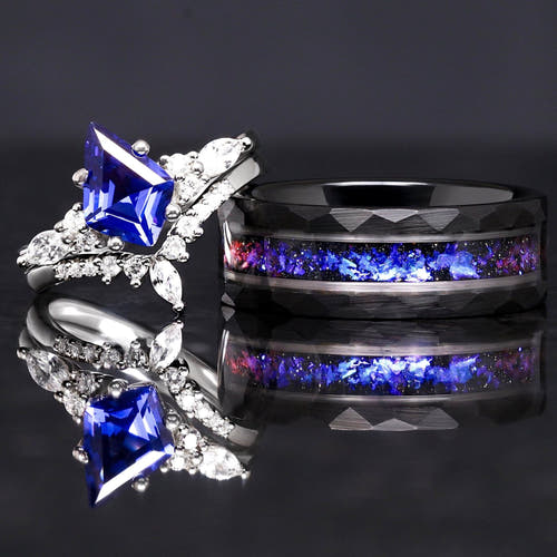 Orion nebula ring set, his and hers black tungsten wedding band with sandstone inlay and matching 925 silver sapphire ring