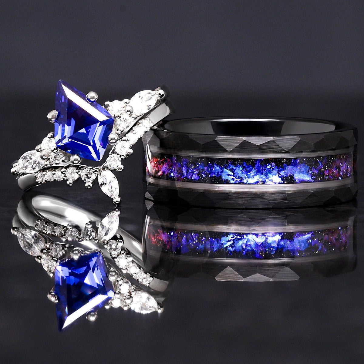 Orion nebula ring set, his and hers black tungsten wedding band with sandstone inlay and matching 925 silver sapphire ring
