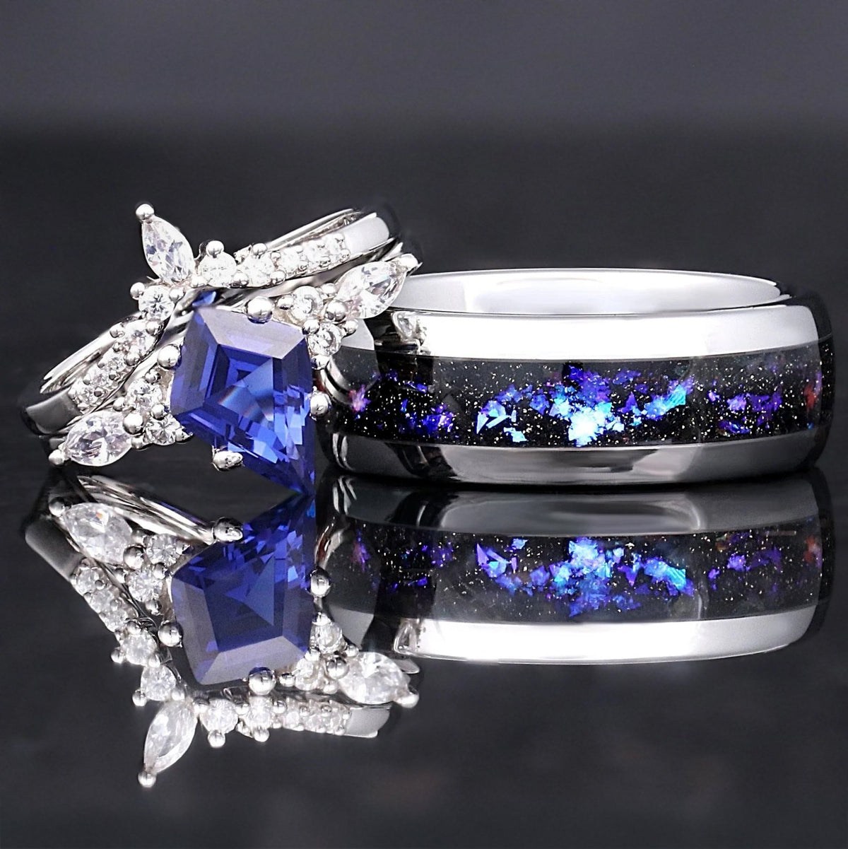 Orion Nebula Ring Set, His and Hers Wedding Band, Sapphire, Silver Ring, Outer Space Couples Ring, Silver Tungsten and 925 Silver