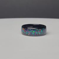 Glow Meteorite and Galaxy Opal Ring Set, His and Hers Tungsten Wedding Bands, 8mm & 4mm Black Rings, Polish, Dome, Couples Ring, Comfort Fit