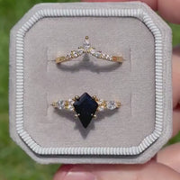 Black Onyx Ring Set, His and Hers Wedding Band, Gold Ring Set, His Tungsten Ring and Her 925 Silver Ring Set, Kite Shaped Ring