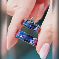 His and hers cosmic space bands in ceramic and sterling silver