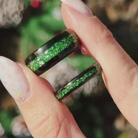 Emerald His and Hers Ring Set, Black Tungsten Wedding Band, 8mm & 4mm Matching Bands, Emerald Glass Stones, Couples Ring, Ring Engraving