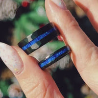 Blue Opal Ring Set, His Her Wedding Band, Black Tungsten Ring, Black Hammered Ring, Flat, Thin Blue Strip, Matching Couples Ring, Engraving