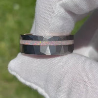 Opal Ring Set, His Her Wedding Band Set, Hammered, Personalized Gift, White Fire Opal, 8mm & 4mm, Couple Ring, Silver Rose Gold, Flat, Brush