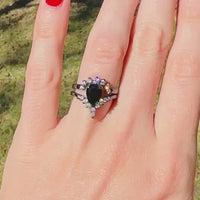 Black Onyx Ring Set, His and Hers Wedding Band, Couples Rings, His Black Tungsten and Her Black Rhodium 925 Silver Ring Set, Pear Cut