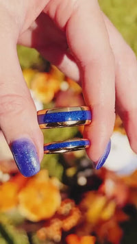 Gold Lapis Lazuli Ring Set, His and Hers Wedding Band, 8mm & 4mm Gold Tungsten Ring Set, Matching Couples Ring, Gold and Blue Lapis Ring