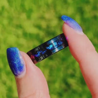 Orion Nebula Ring Set in Black Ceramic, His and Her Wedding Band, 8mm & 4mm Blue Nebula Ring, Outer Space Couples Ring, Matching Ring Set