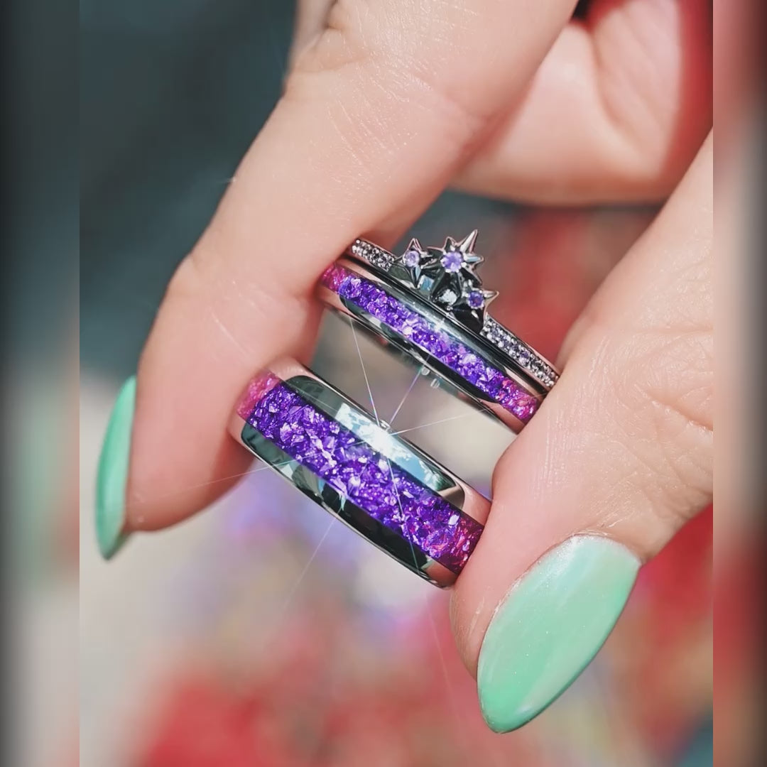 Unique stacking engagement and wedding rings for couples