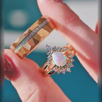 His Her White Fire Opal Ring Set, Matching Opal Rings, Sterling Silver and Gold Tungsten, Hammered, Couples Ring, Unique Engagement Ring Set