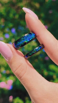Azure Blue Fire Opal Couple Ring, His Her Tungsten Band, Matching Wedding Band, 8mm 4mm Black Promise Ring Set, Dichrolam, Dragon, Engraving