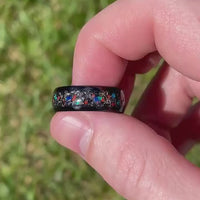 Dinosaur Bone and Meteorite Ring Set, His and Hers Tungsten Wedding Band, 8mm & 4mm Black Ring Set, Polished Couples Ring, Dome, Comfort Fit