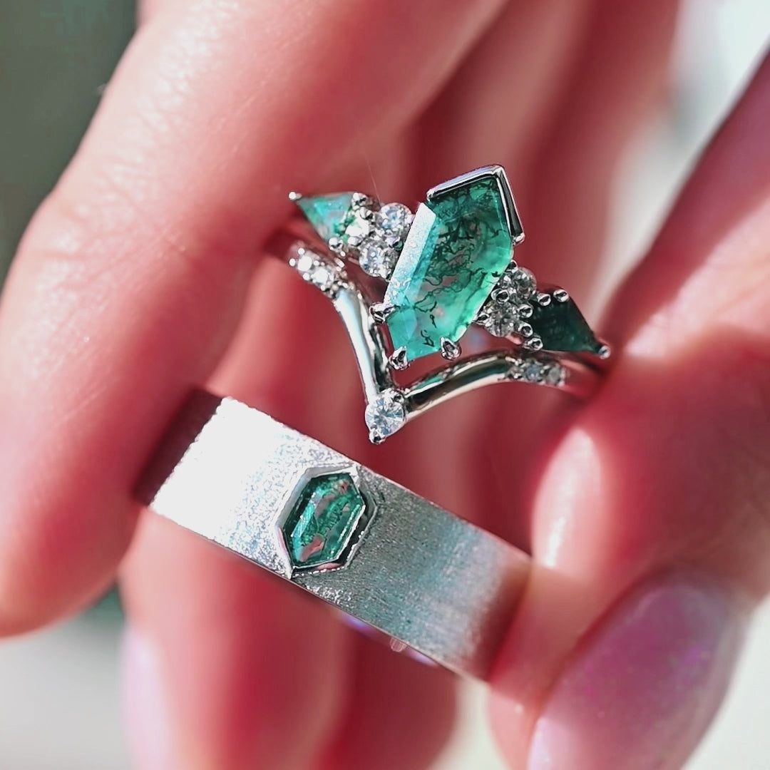 Moss agate his hers ring set