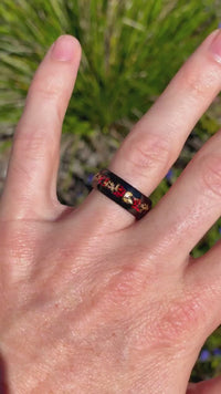 Red Opal and Gold Leaf Ring Set, His and Hers Tungsten Wedding Band, 8mm & 4mm Black Ring Set, Couples Ring, Polish, Dome, Comfort Fit