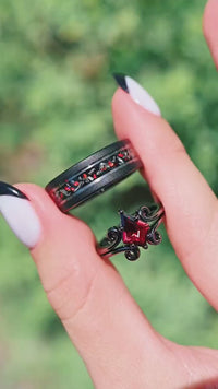 His Her Twirl Garnet & Opal Galaxy Ring Set, Black Nebula Couple Wedding Ring, Natural Garnet and Meteorite, Glow in the Dark, Red Fire Opal