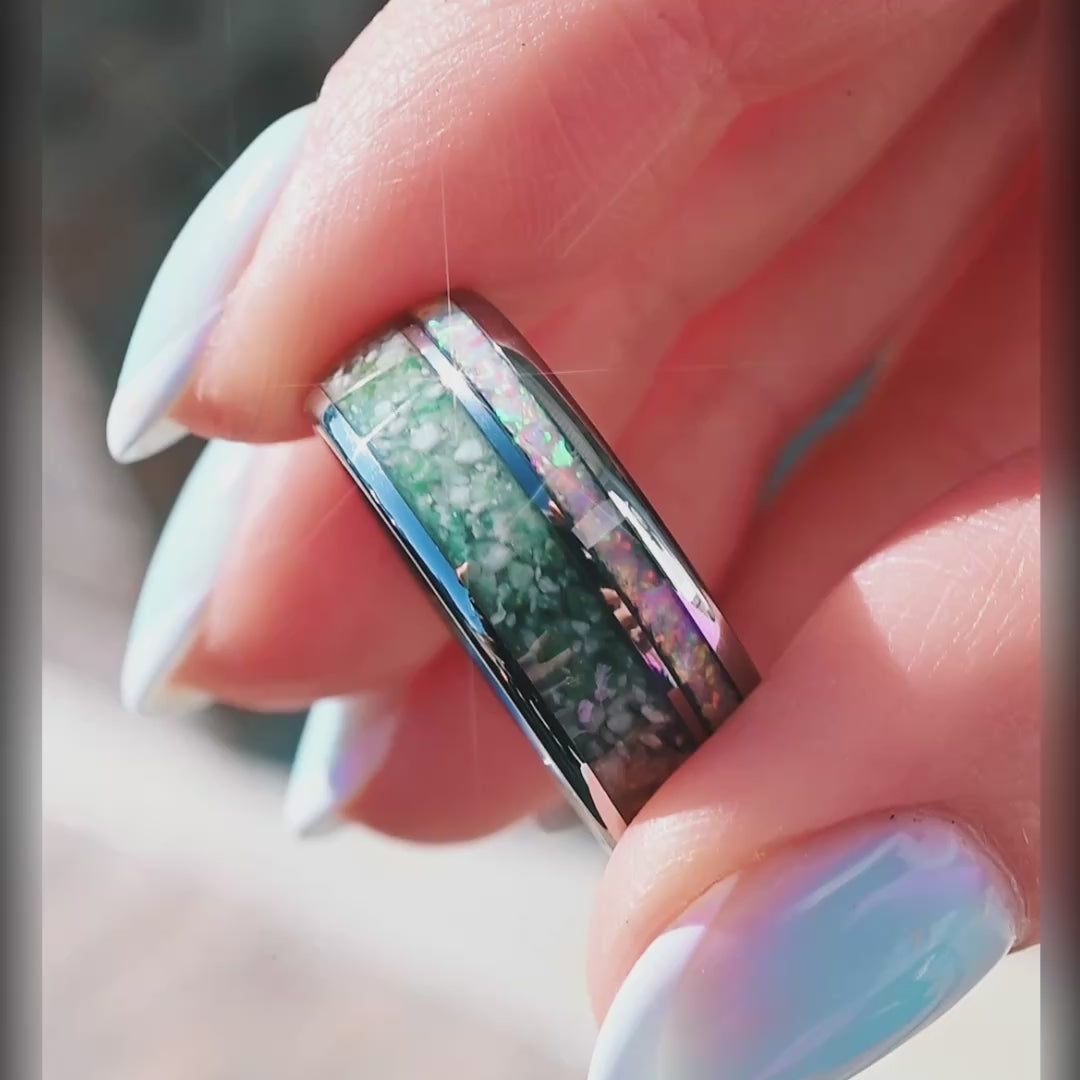 Nesta Mens Moss Agate Wedding Band | White Opal Tungsten Ring