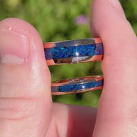 His and Hers Opal Tungsten Wedding Band, Crushed Blue Indigo Fire Opal Ring, 8mm & 4mm Rose Gold Tungsten Ring Set, Matching Couples Ring