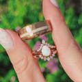 His and Her White Fire Opal Ring Set, Matching Couple Rings, Sterling Silver and Rose Gold Tungsten, Hammered, Unique Engagement Ring Set