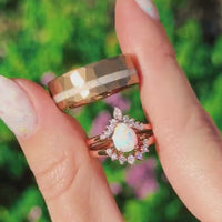 His and Her White Fire Opal Ring Set, Matching Couple Rings, Sterling Silver and Rose Gold Tungsten, Hammered, Unique Engagement Ring Set