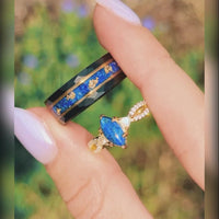 Lapis Engagement Ring Set, Couples Gold Wedding Ring, His and Hers Ring Set, Gold Leaf, Moonstone, Matching Promise Ring, Blue Lapis Lazuli