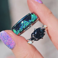 Nesta Starry Night Ring Set, His and Her Wedding Ring, Rift Nebula Ring Set, Matching Couple Ring, Sandstone, Tungsten & 925 Silver, Opal