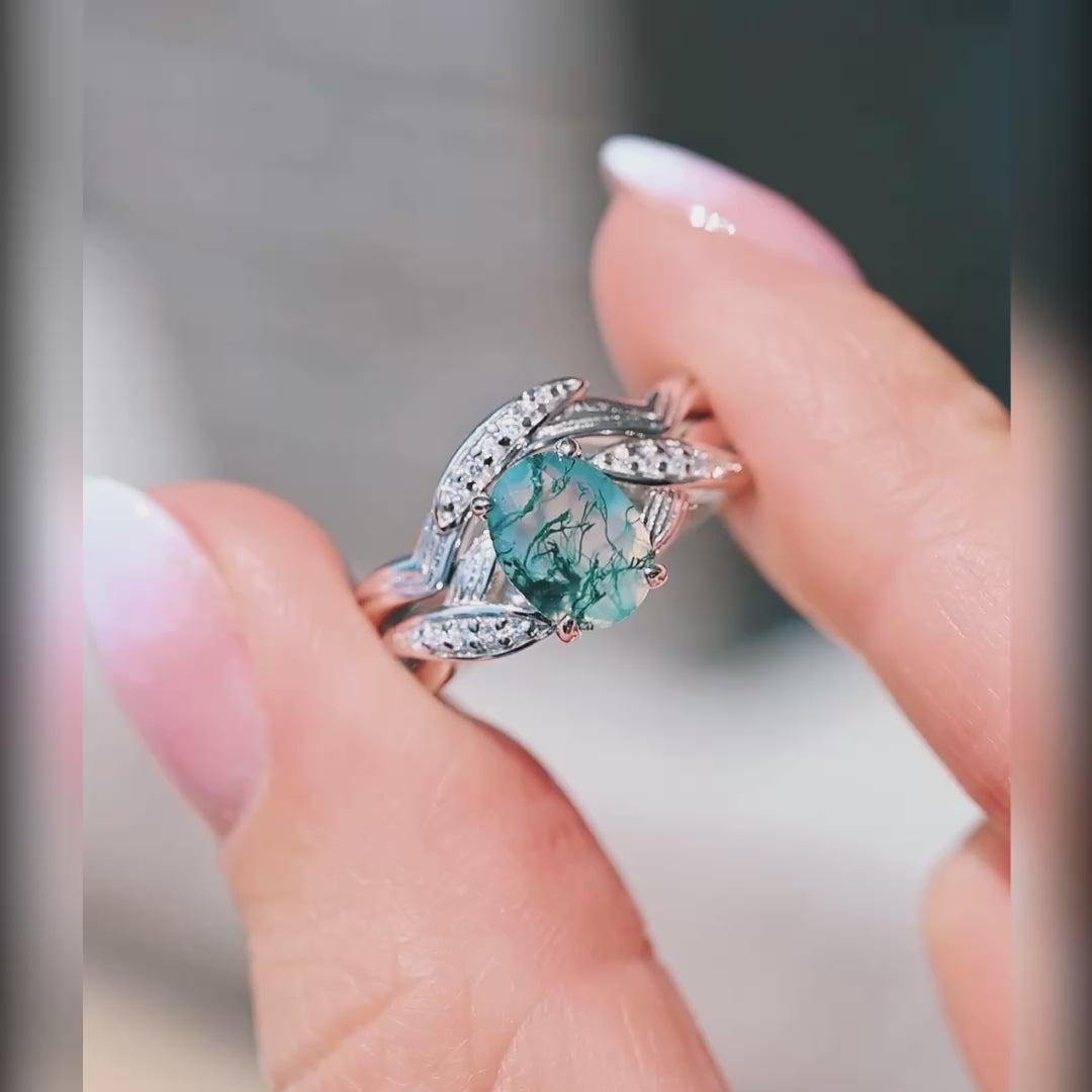 Women’s green moss agate wedding ring set