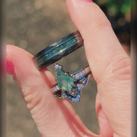 Weaver Green Moss Agate Ring Set, His and Hers Wedding Band Set, Black Ring, Matching Nature Couples Ring, Black Tungsten & Sterling Silver