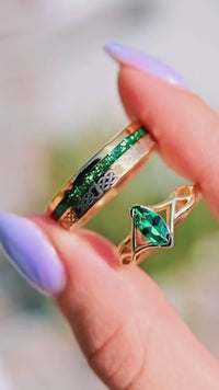 His and Her Celtic Knot Ring Set, Gold Emerald Wedding Bands, 925 Silver and Tungsten Promise Rings, Minimalist Couples Engagement Ring Set
