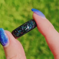 Galaxy Opal Ring Set, His and Hers Wedding Band, 8mm & 4mm Black Ceramic Bands, Polish, Dome, Matching Couples Ring Set, Celestial Ring Set