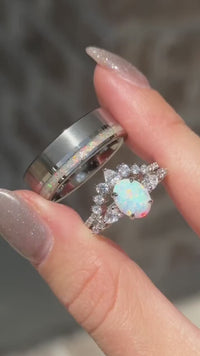 His and Hers White Fire Opal Ring Set, Matching Opal Ring, Silver Ring Set, Brushed Tungsten, Couples Ring, Unique Opal Engagement Ring Set