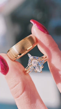 Spire White Sapphire Couples Ring Set, His and Her Gold Wedding Ring Set, Elongated Hexagon Ring, Matching Unique Engagement Ring Set