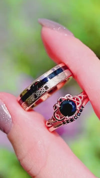 Couples Celtic Knot Engagement Ring Set, His and Her Black Onyx Wedding Ring Set, 925 Silver and Tungsten Promise Rings, Rose Gold Ring Set