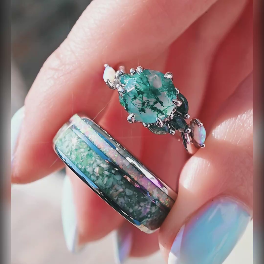 Nesta Moss Agate Engagement Ring | Silver Vine & Marquise Opal