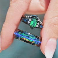 Azure Tsavorite His and Her Ring Set, Blue Fire Opal, Galaxy Engagement Ring Set, Black Nebula Wedding Band, Dichrolam, Matching Couple Ring