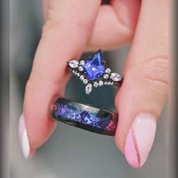 Orion Nebula Ring Set, His and Hers Wedding Band, Sapphire, Black Gold Filled Ring, Outer Space Couples Ring, Tungsten and 925 Silver