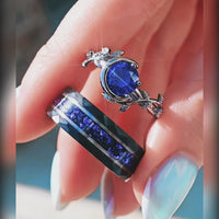Nightleaf Blue Sapphire Couples Ring Set | Black Crescent Moon