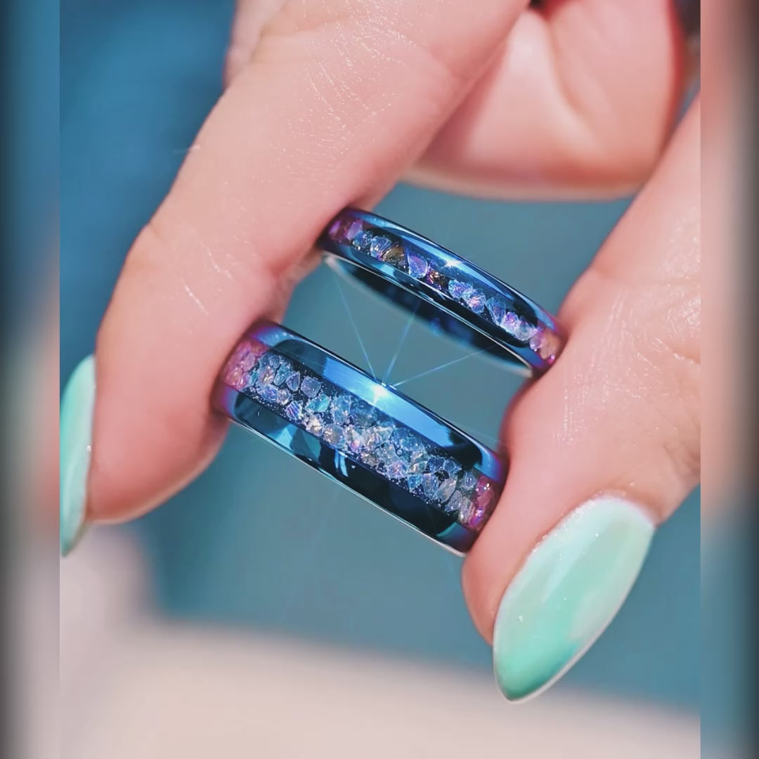 Tungsten wedding rings for couples inspired by the Veil Nebula