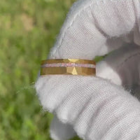 His and Hers Tungsten Wedding Band, Crushed White Fire Opal, 6mm & 4mm Rings, Yellow Gold Plated, Hammer, Flat, Brushed, Comfort Fit