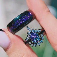 Alexandrite Ring Set, Crab Nebula, Outer Space His and Her Tungsten Wedding Band, 925 Sterling Silver and Tungsten, Black Gold Filled Ring