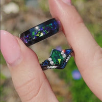 His and Her Ghost Nebula Ring Set, Couples Ring, Galaxy Ring Set, Blue Sapphire, Green Tsavorite, Matching Black Wedding Band, Engraving