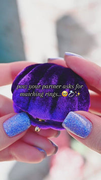 Natural Amethyst Lotus Engagement Ring Set, Unique Fantasy Wedding Ring | Matching Purple Ring for Couple, Black Crab Nebula Stacking Band
