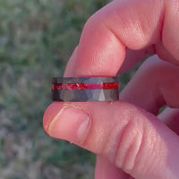 His and Hers Ruby Hammered Tungsten Wedding Band, 8mm & 4mm Black Tungsten Ring Set, Red German Glass Stones, Flat, Brushed, Ring Engraving