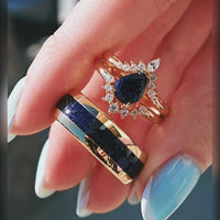 Great Rift Nebula Ring Set, His and Hers Wedding Band, Gold Plated Ring, Space Couples Ring, Gold Tungsten and 925 Silver, Blue Sandstone