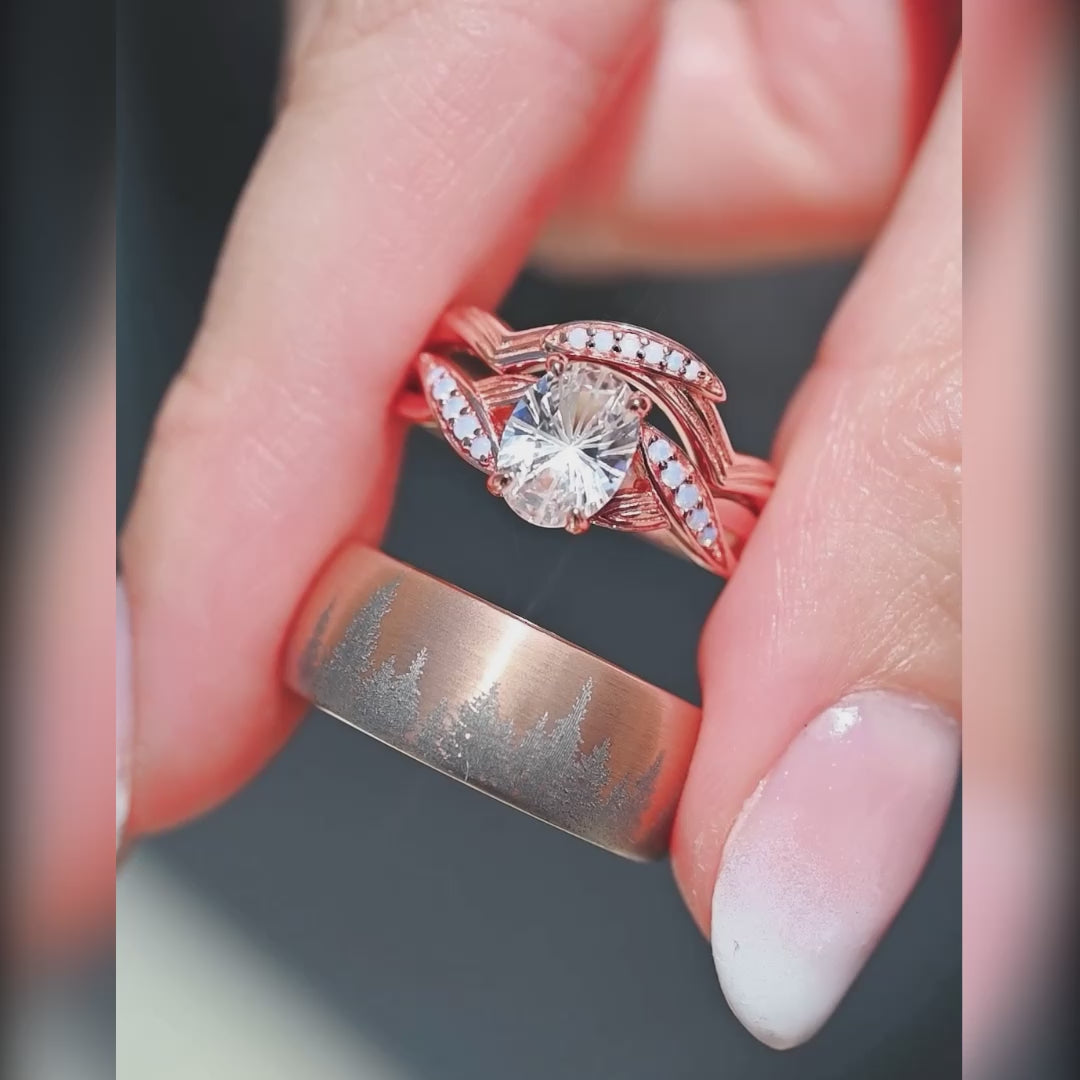 Matching rose gold wedding rings with white sapphire lotus design