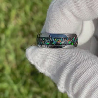 Meteorite and Galaxy Opal Ring Set, His and Hers Tungsten Wedding Bands, 8mm & 4mm Silver Ring Set, Couples Ring, Polish, Dome, Comfort Fit