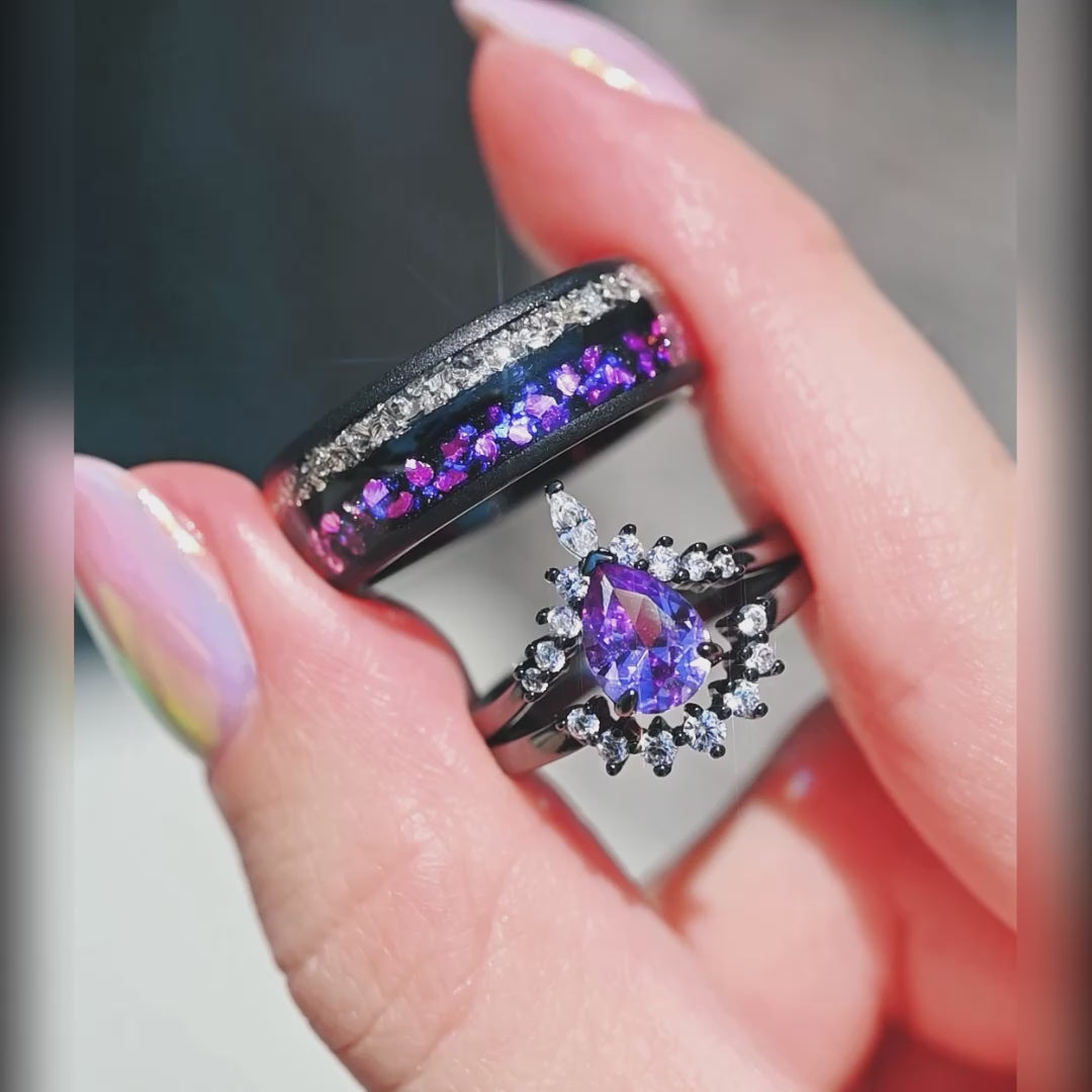 His and her matching purple Crab Nebula rings