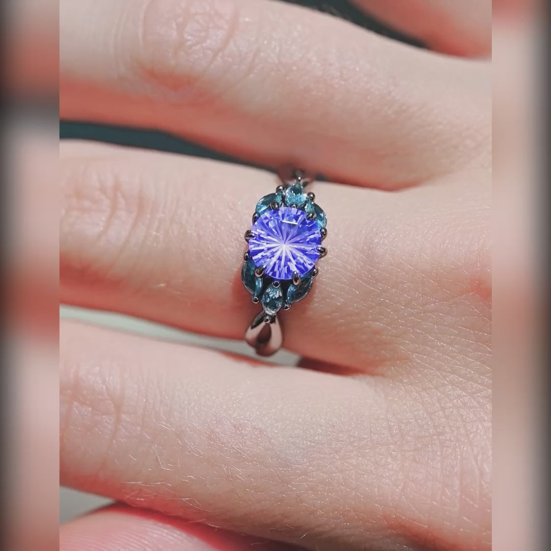 Amethyst engagement ring with aquamarine band in black sterling silver